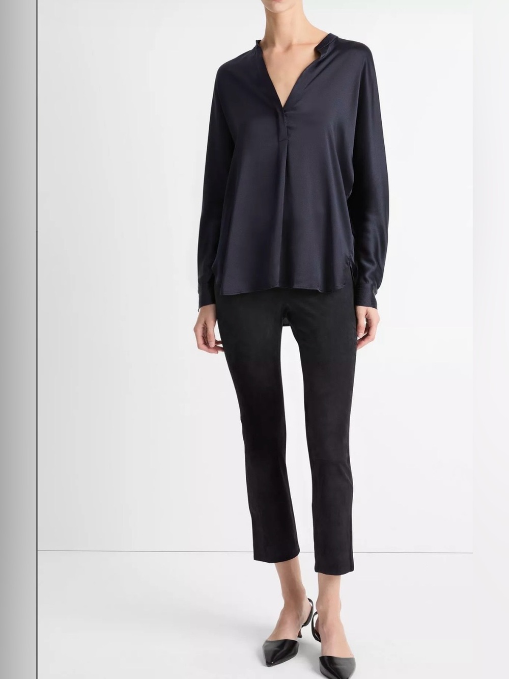 Vince Silk Satin Band-Collar Blouse